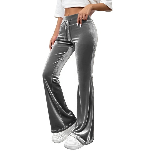 Lenpel Women's Velvet Flare Leggings High Waisted Drawstring Bell Bottom Wide Leg Yoga Pants Dressy Casual Velour Pants(Gray,Large)