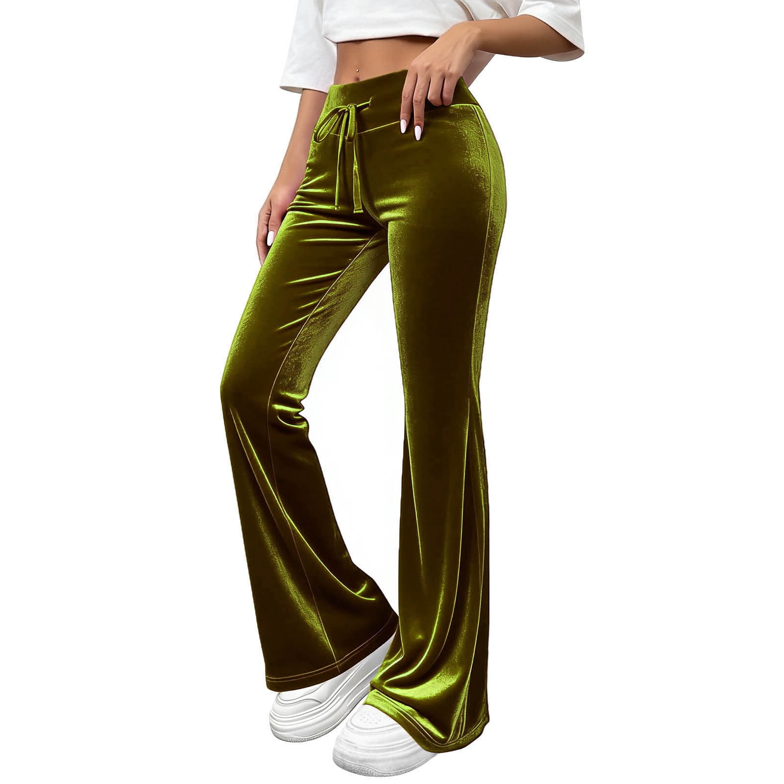 Lenpel Women's Velvet Flare Leggings High Waisted Drawstring Bell