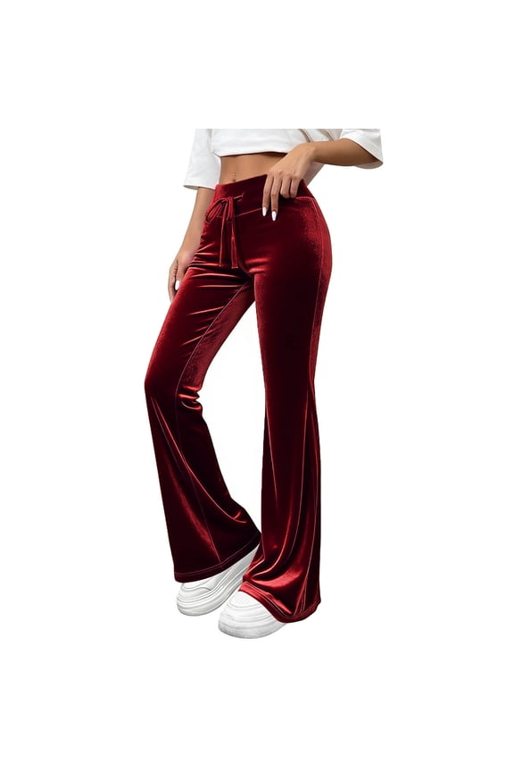 Women's Velvet Flare Leggings High Waisted Drawstring Bell Bottom Wide Leg Yoga Pants Dressy Casual Velour Pants(Red,Medium)