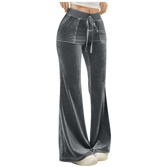 Lenpel Women's Velvet Flare Pants High Waisted Drawstring Bell Bottom Casual Trousers Palazzo Bootcut Pants with Pockets