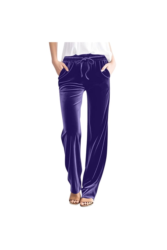 Women's Velvet Pants Elastic High Waisted Drawstring Straight Leg Velour Pants Loose Vintage Trousers with Pockets(Purple,Small)
