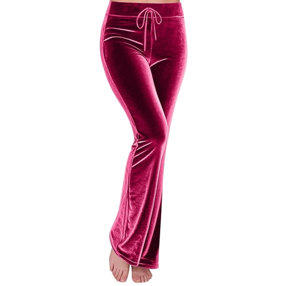 Lenpel Women's Velvet Yoga Pants Vintage High Waisted Drawstring Straight Leg Workout Lounge Pants Velour Casual Trousers(Hot Pink,Medium)