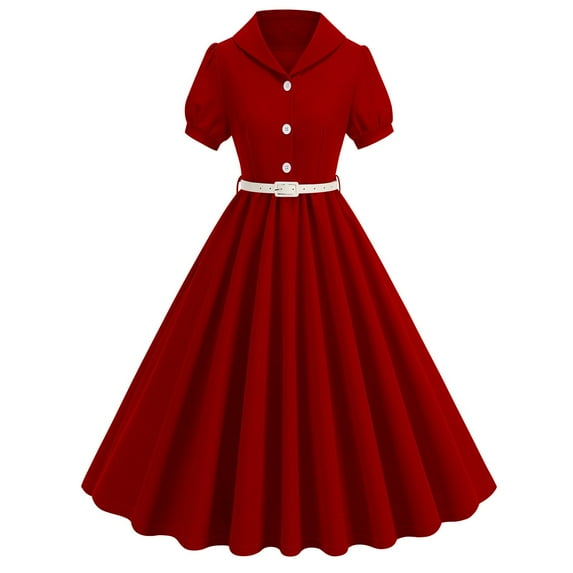 Lenpel Women's Vintage Dresses Puff Short Sleeve Notched Lapel Half Button Shirt Dress Pleated Elegant Dresses