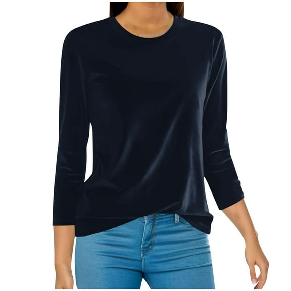 Lenpel Women's Vintage Velvet T Shirts 3/4 Length Sleeve Crew Neck Soft Casual Tunic Tops Fall Winter Warm Clothes