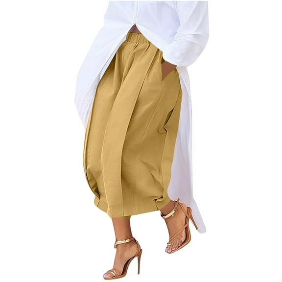 Lenpel Women's Wide Leg Capri Pants Casual Loose Elastic High Waisted Ankle Length Culottes Cropped Palazzo Trousers with Pockets