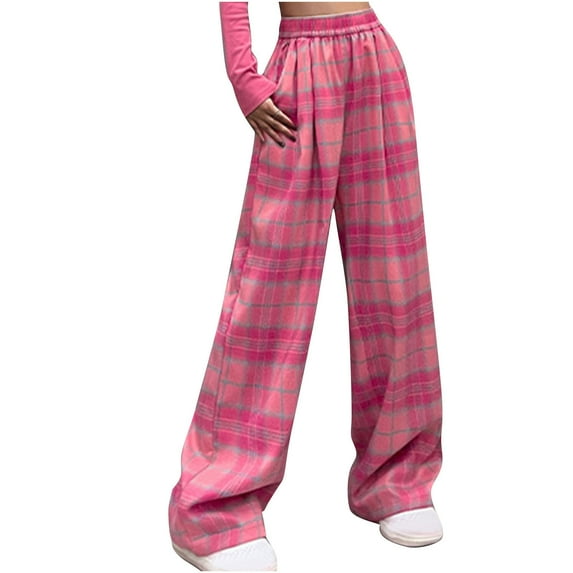Lenpel Women's Wide Leg Casual Pants Soft Plaid Print Lounge Pants Loose High Rise Elastic Waisted Trousers