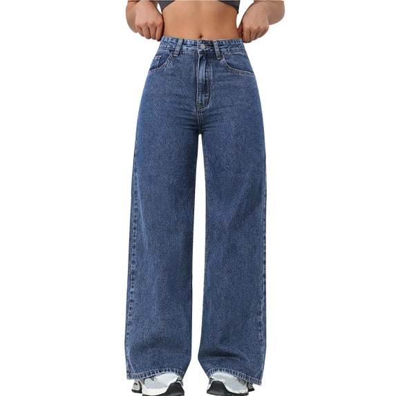 Lenpel Women's Wide Leg Jeans Baggy High Waisted Stretchy Denim Pants Trendy Trousers with Pockets