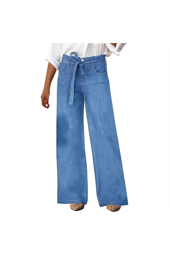 Women's Wide Leg Jeans Trendy High Waisted Belted Loose Denim Pants Baggy Casual Trousers with Pockets