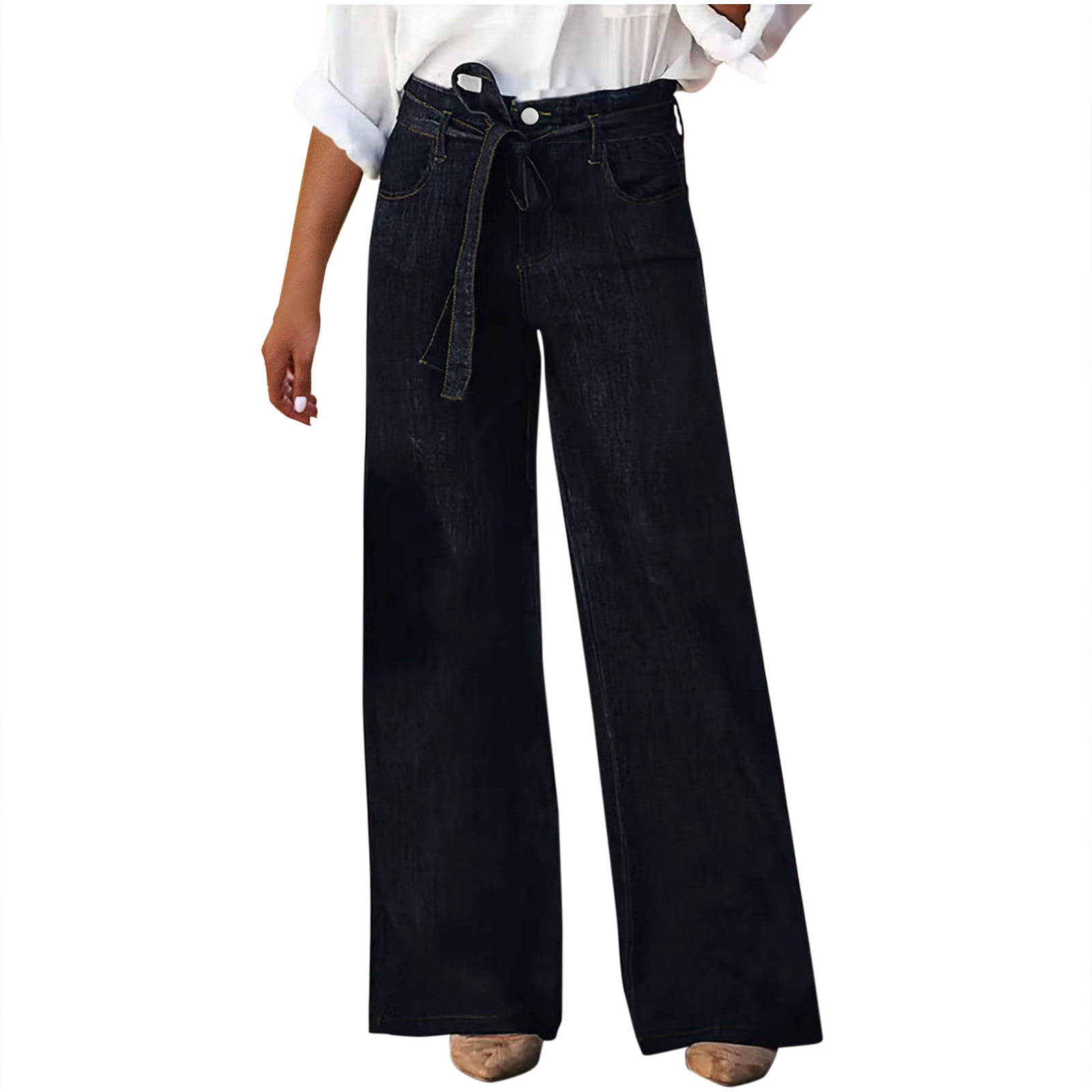 Lenpel Women's Wide Leg Jeans Trendy High Waisted Belted Loose Denim ...
