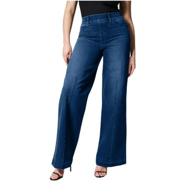 Lenpel Women's Wide Leg Jeans Trendy High Waisted Pull on Stretchy Denim Pants Baggy Casual Trousers with Pockets