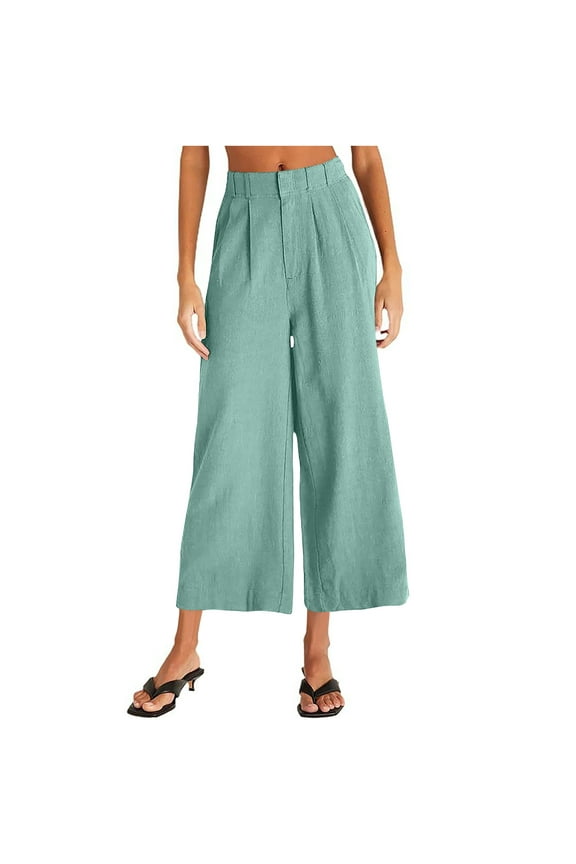 Women's Wide Leg Pants Cotton Linen Elastic High Waisted Casual Loose Trousers Beach Palazzo Pants