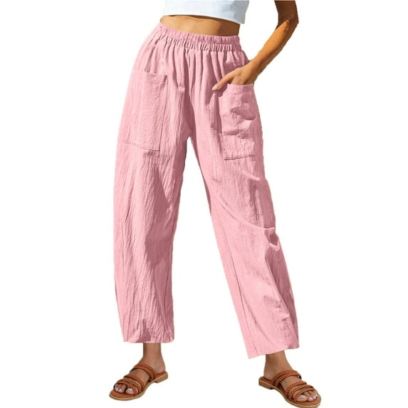 Lenpel Women's Wide Leg Pants Cotton Linen Elastic High Waisted Palazzo Casual Pants Baggy Beach Trousers with Pockets
