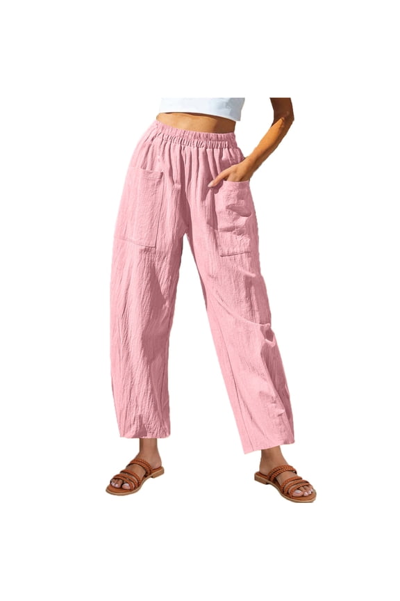 Women's Wide Leg Pants Cotton Linen Elastic High Waisted Palazzo Casual Pants Baggy Beach Trousers with Pockets