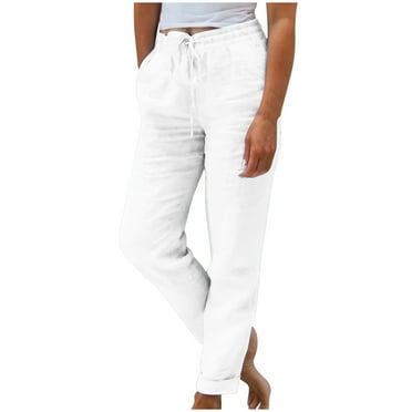 Lenpel Women's Wide Leg Pants Cotton Linen High Waisted Drawstring Loose Casual Beach Trousers Baggy Lounge Pants