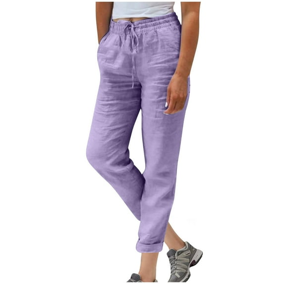 Lenpel Women's Wide Leg Pants Cotton Linen High Waisted Drawstring Loose Casual Beach Trousers Baggy Lounge Pants