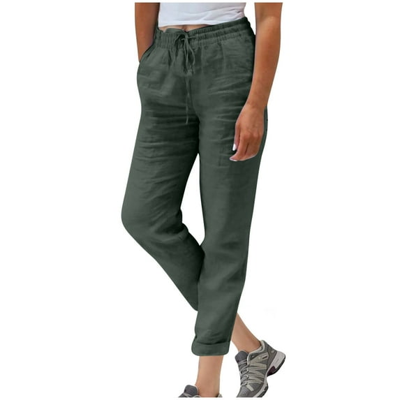 Lenpel Women's Wide Leg Pants Cotton Linen High Waisted Drawstring Loose Casual Beach Trousers Baggy Lounge Pants
