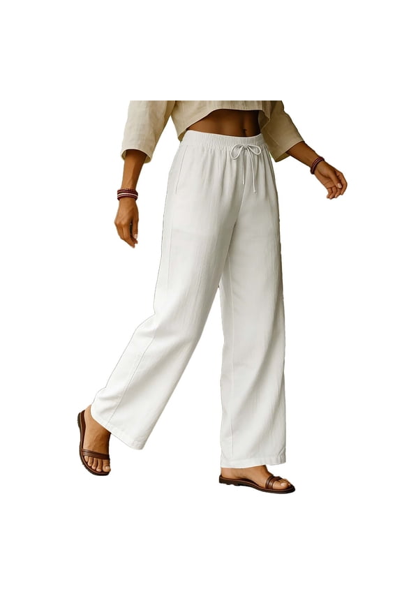 Women's Wide Leg Pants Elastic High Waisted Drawstring Loose Lounge Pants Lightweight Casual Trousers with Pockets