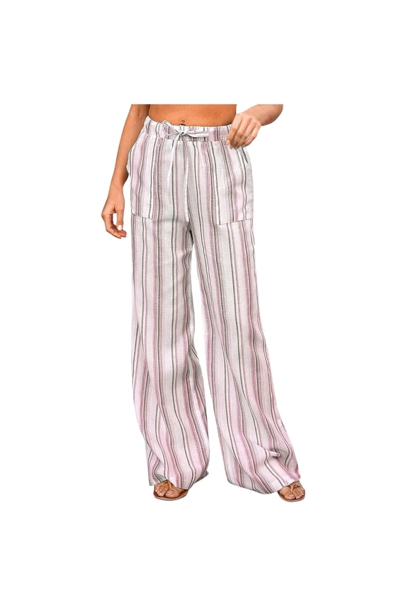 Women's Wide Leg Pants Elastic High Waisted Drawstring Striped Palazzo Pants Loose Casual Travel Trousers with Pockets(Pink,Medium)