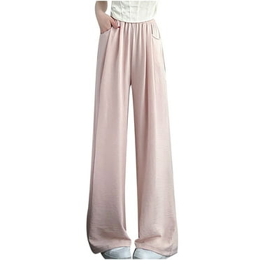 Lenpel Women's Wide Leg Pants Elastic High Waisted Pleated Pull on Pants Loose Casual Trousers with Pockets