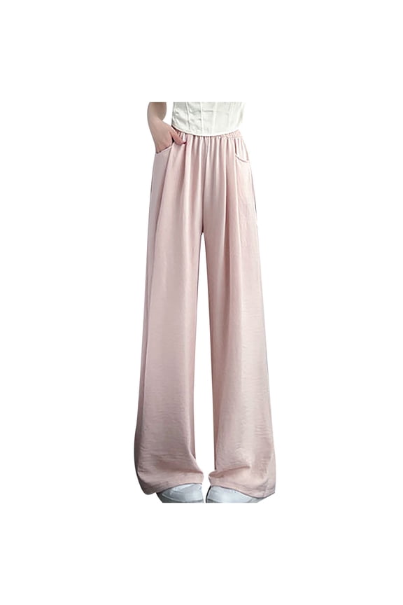 Women's Wide Leg Pants Elastic High Waisted Pleated Pull on Pants Loose Casual Trousers with Pockets