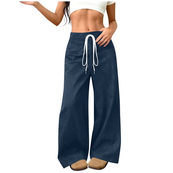 Lenpel Women's Wide Leg Pants Fleece Warm Elastic High Waisted Drawstring Palazzo Pants Baggy Casual Trousers(Blue,Small)