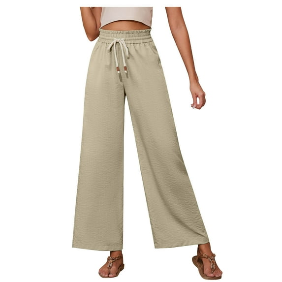 Lenpel Women's Wide Leg Pants Loose Elastic High Waisted Drawstring Casual Trousers Lightweight Palazzo Pants with Pockets