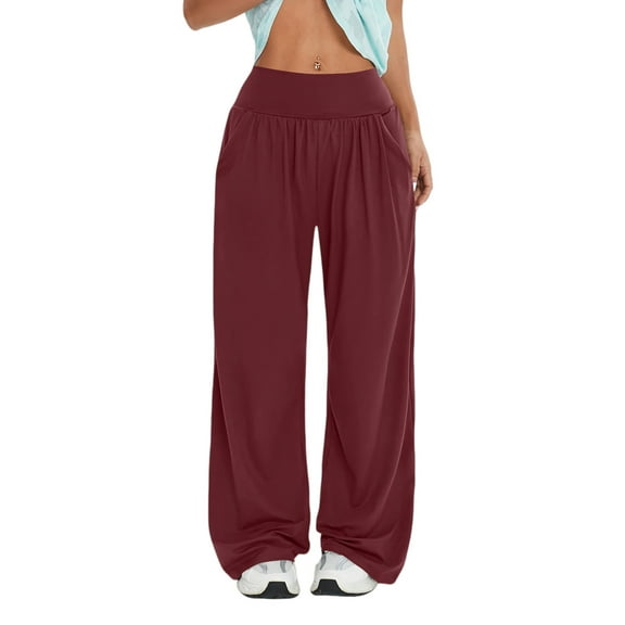 Lenpel Women's Wide Leg Pants Soft Comfy High Waisted Solid Color Lounge Yoga Pants Baggy Casual Trousers with Pockets(Wine,X-Large)