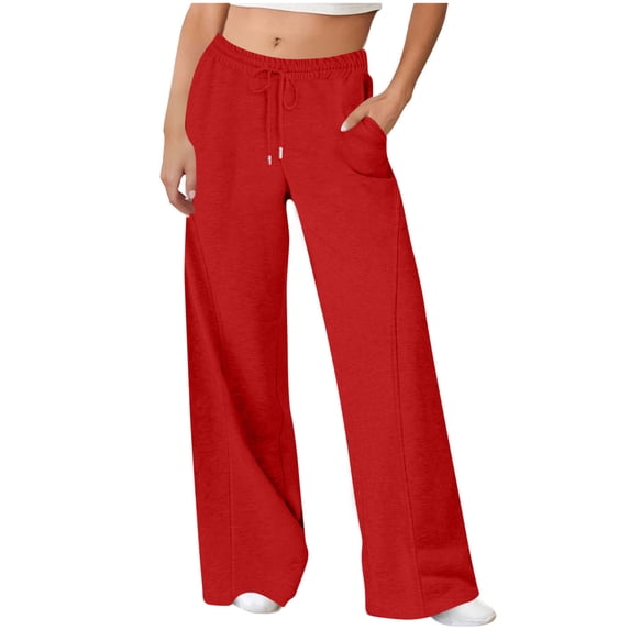 Lenpel Women's Wide Leg Sweatpants Baggy Drawstring Elastic High Waisted Lounge Pants Casual Loose Workout Trousers with Pockets(Red,X-Large)