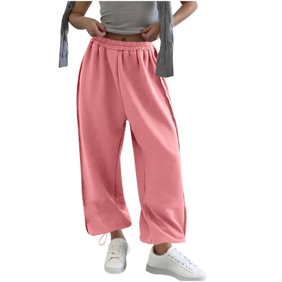 Lenpel Women's Wide Leg Sweatpants Elastic High Waisted Workout Lounge Pants Baggy Casual Trousers with Pockets(Pink,X-Large)