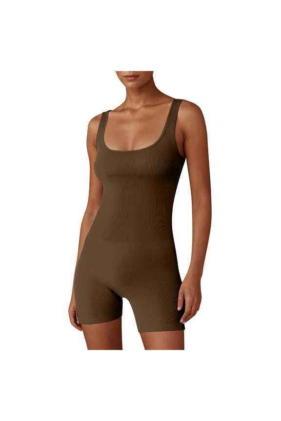 Women's Workout Rompers Seamless Ribbed Sleeveless Square Neck Yoga Athletic Short Jumpsuits One Piece Bodysuits