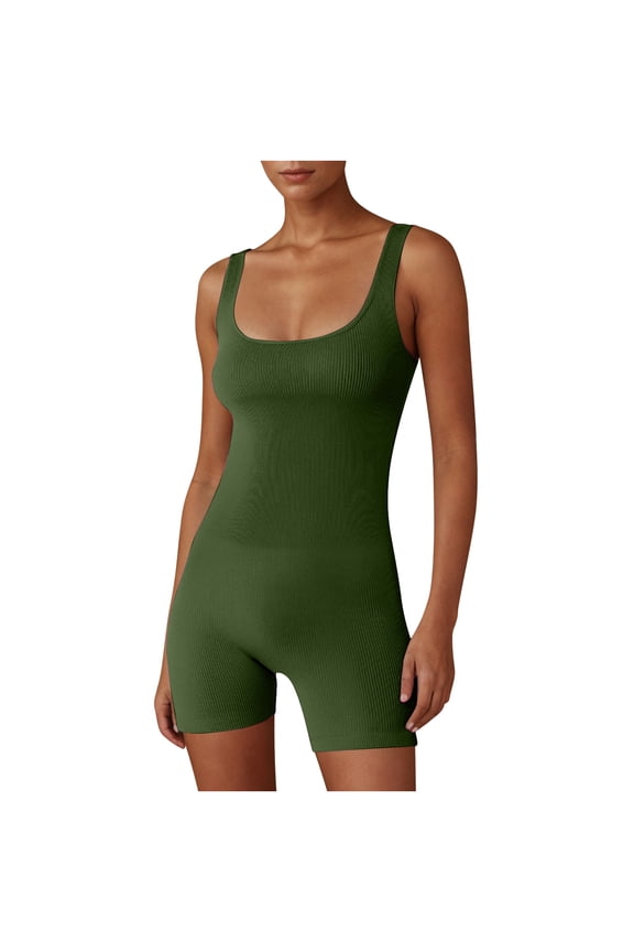 Women's Workout Rompers Seamless Ribbed Sleeveless Square Neck Yoga Athletic Short Jumpsuits One Piece Bodysuits
