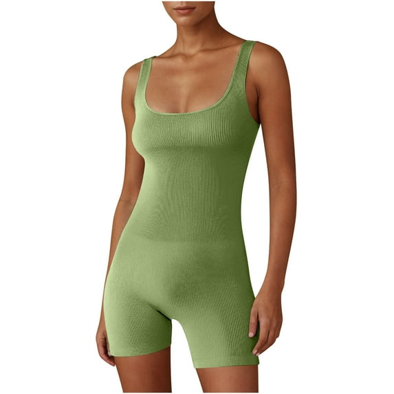 Lenpel Women's Workout Rompers Seamless Ribbed Sleeveless Square Neck Yoga Athletic Short Jumpsuits One Piece Bodysuits