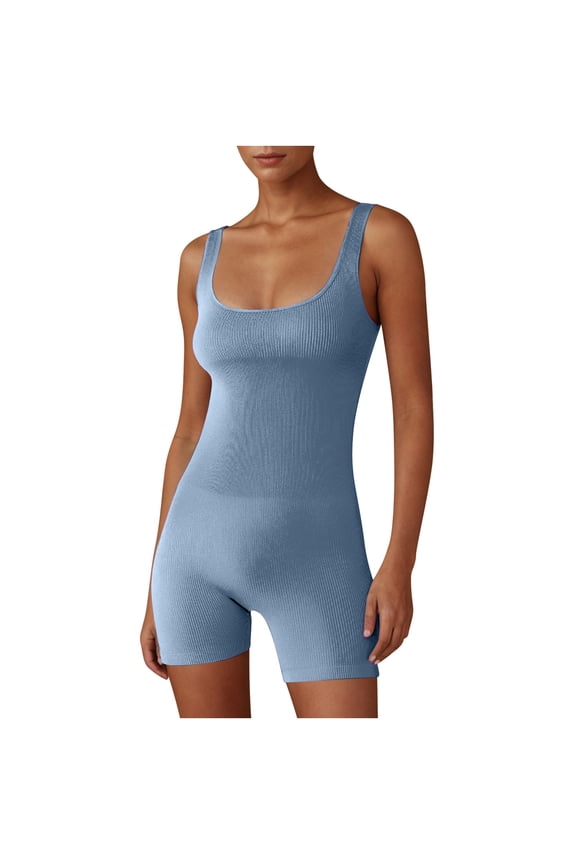 Women's Workout Rompers Seamless Ribbed Sleeveless Square Neck Yoga Athletic Short Jumpsuits One Piece Bodysuits