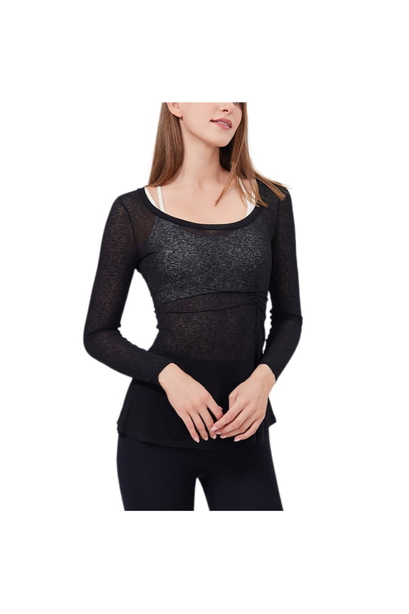 Women's Workout Tops Long Sleeve Scoop Neck Slim Mesh Yoga Running Shirts Lightweight Athletic Blouses