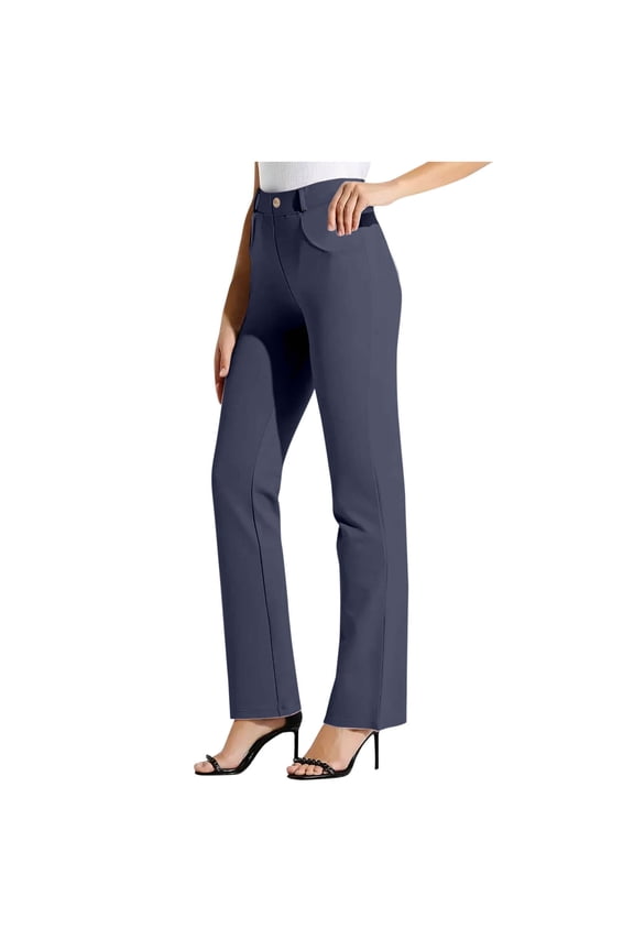 Women's Yoga Dress Pants Business Casual High Waisted Straight Leg Work Pants Stretchy Office Slacks with Pockets(Navy,Medium)