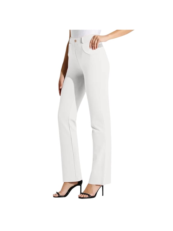 Women's Yoga Dress Pants Business Casual High Waisted Straight Leg Work Pants Stretchy Office Slacks with Pockets(White,Large)