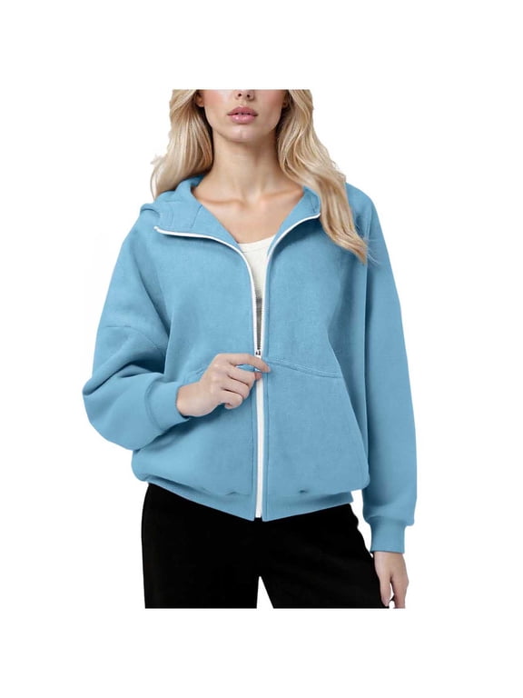 Women's Zip up Hoodies Turtleneck Long Sleeve Hooded Oversized Sweatshirts Casual Loose Outwear Jackets with Pockets(Light Blue,Medium)
