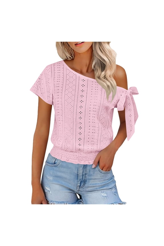 Women's off One Shoulder Crop Tops Short Sleeve Tie Side Cinch Bottom Eyelet Embroidered T-Shirts Dressy Casual Tee Blouses