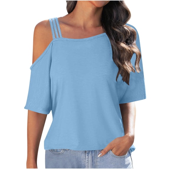 Lenpel Women's off One Shoulder Tops Short Sleeve Strappy Cold Shoulder T-Shirts Casual Loose Tee Blouses Fashion Summer Clothes