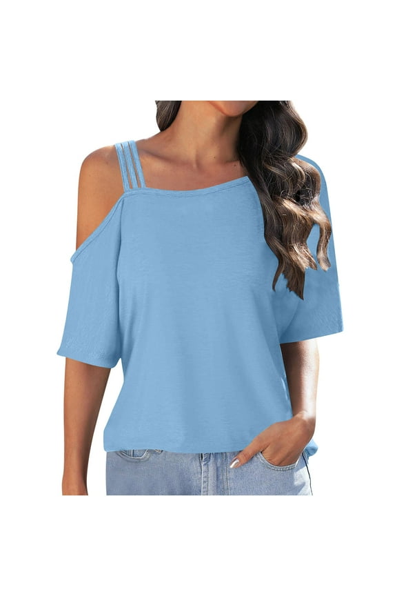 Women's off One Shoulder Tops Short Sleeve Strappy Cold Shoulder T-Shirts Casual Loose Tee Blouses Fashion Summer Clothes