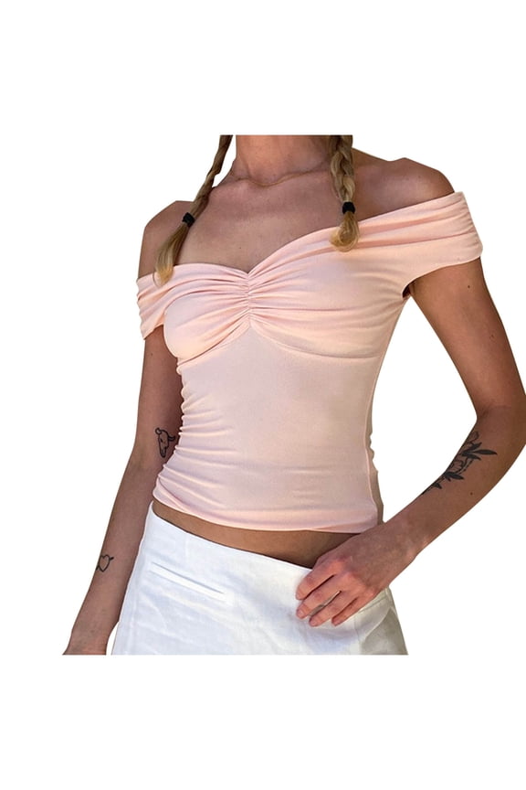 Women's off Shoulder Crop Tops Soft Short Sleeve Ruched Slim Tunic Blouses Going out Tee Shirts