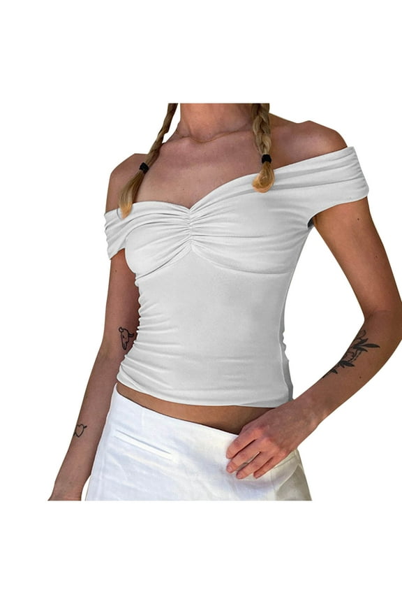 Women's off Shoulder Crop Tops Soft Short Sleeve Ruched Slim Tunic Blouses Going out Tee Shirts
