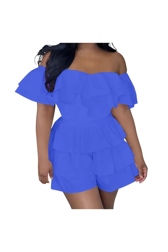 Women's off Shoulder Rompers Trendy Cotton Ruffle Short Sleeve Tiered Summer Jumpsuits Casual Overall Shorts