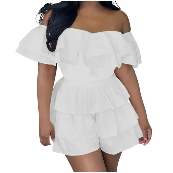 Lenpel Women's off Shoulder Rompers Trendy Cotton Ruffle Short Sleeve Tiered Summer Jumpsuits Casual Overall Shorts