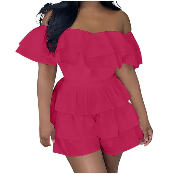 Lenpel Women's off Shoulder Rompers Trendy Cotton Ruffle Short Sleeve Tiered Summer Jumpsuits Casual Overall Shorts