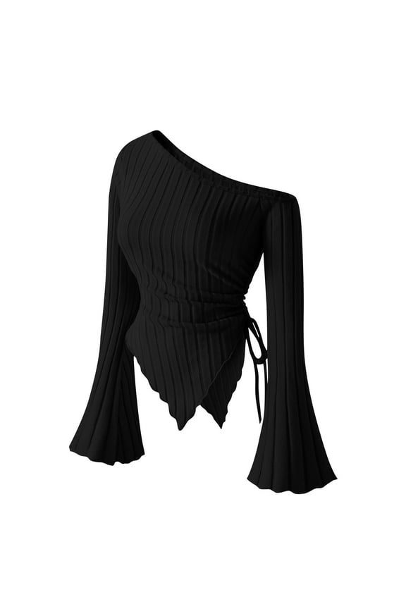 Women's off Shoulder Tops Bell Long Sleeve Ruched Tie Side Asymmetrical Hem Ribbed Knit Slim T Shirts Going out Blouses(Black,XX-Large)