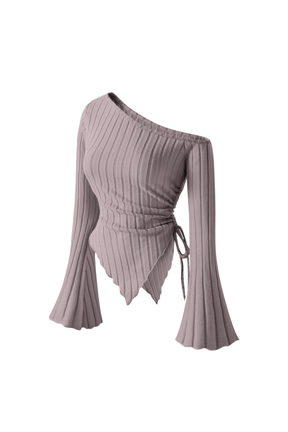 Women's off Shoulder Tops Bell Long Sleeve Ruched Tie Side Asymmetrical Hem Ribbed Knit Slim T Shirts Going out Blouses(Gray,Large)