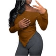 thumbnail image 1 of Lenpel Women's off Shoulder the Tops Trendy Long Sleeve Asymmetrical Hem Ribbed Knit Blouse Fall Going out Tops, 1 of 1