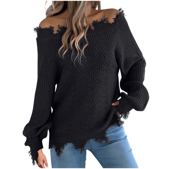 Lenpel Women's off the Shoulder Sweaters Hollow out Long Sleeve Tassel Trim Crochet Knit Sweater Tops Loose Pullover Sweaters(Black,Small)
