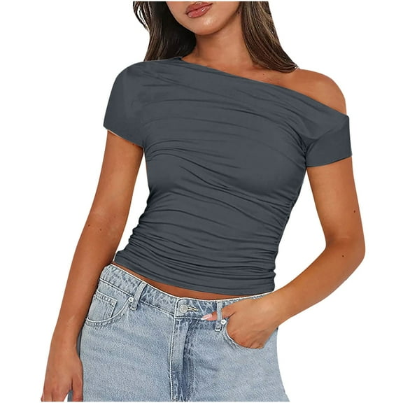 Lenpel Women's off the Shoulder Tops Fashion Short Sleeve Boat Neck Ruched Slim T Shirts Casual Summer Clothes
